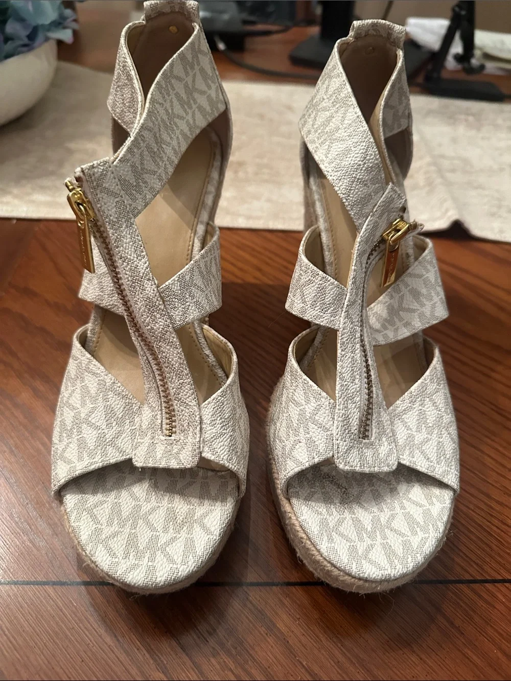Michael Kors Tan Logo Zip-Up Espadrille Wedge Sandals